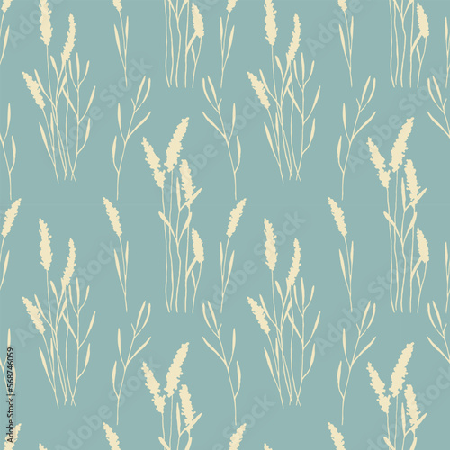 Lavender pattern , stamp imprint twigs flower, blue and beige.