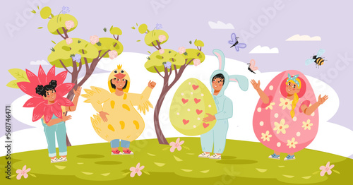 Happy Easter, cute children cartoon characters in a costume of rabbit, flowers and chick in spring garden, flat vector illustration.