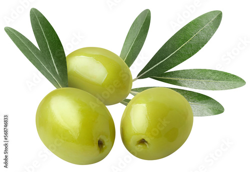 Cuadro en lienzo Delicious green olives with leaves cut out