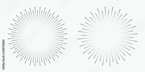 Radial halftone dots in Circle Form. Dotted fireworks explosion background. Starburst round Logo. Circular Design element. Abstract Geometric star rays.
