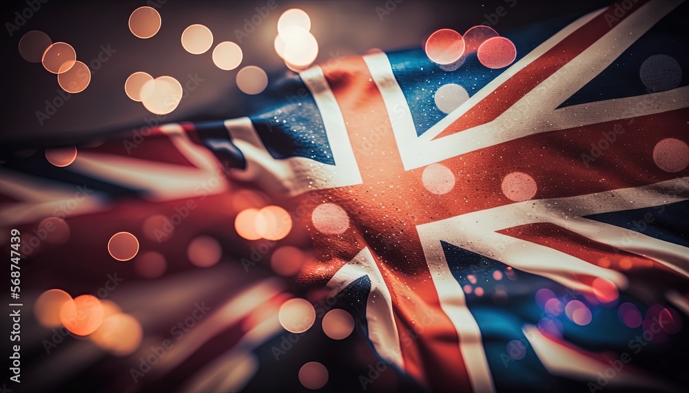 Fototapeta premium close up UK, United Kingdom national flag flew in wind with bokeh light, idea for national federal holiday celebration theme background wallpaper, Generative Ai