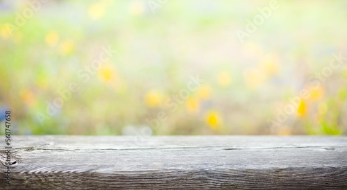 soft wooden surface on a blurry background of sunny blooming summer