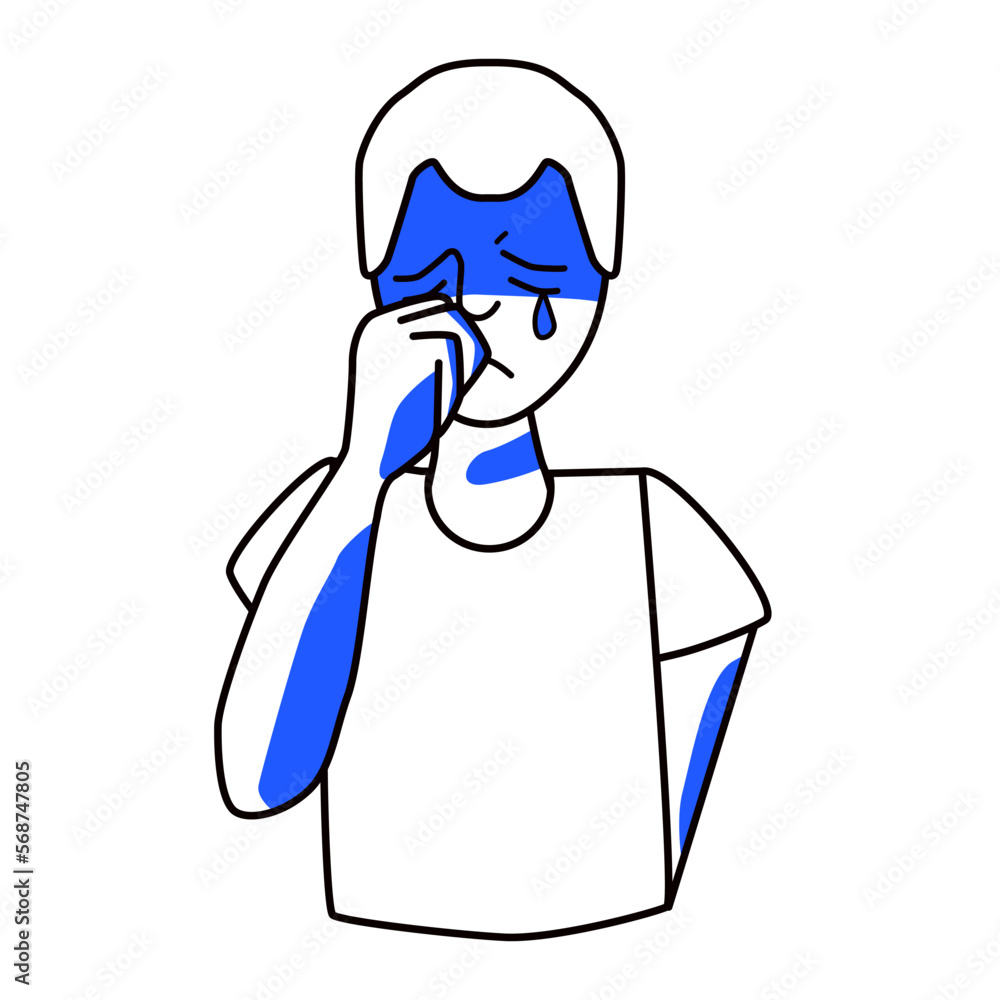 Sad boy, emotion of melancholy. Sadness teenager mood half body drawing, mourning adolescent with tears, crying melancholy, despair and grief. Line art with blue spots.
