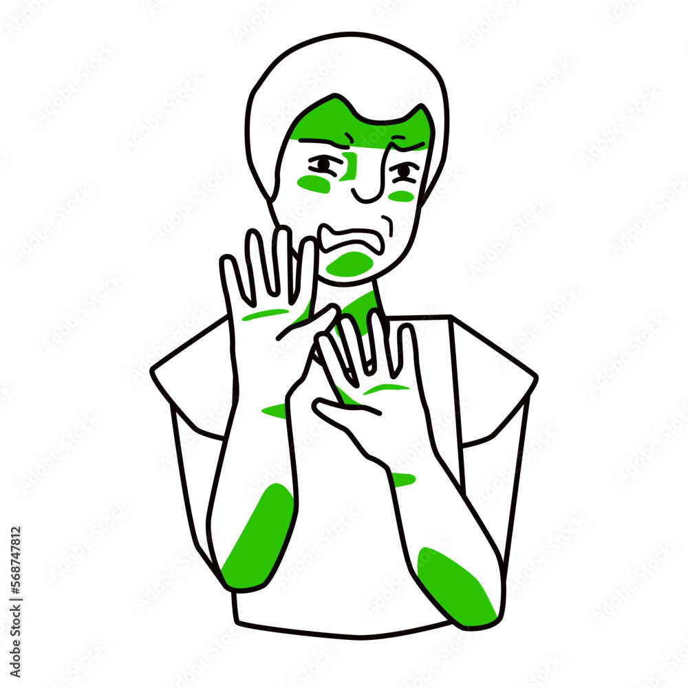 Boy with disgust emotion. Disgusted male kid, loathing schoolboy with sickness and repugnance. Adolescent raised his hands. Half body, line with green spots drawing.