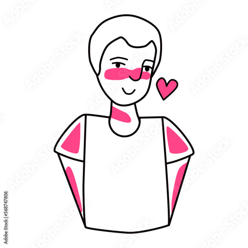 Shy boy with emotion of love. Beloved teenager half body drawing, sweetheart tender mood male teenager, amour affection young schoolboy flirting. Line with pink spots style.