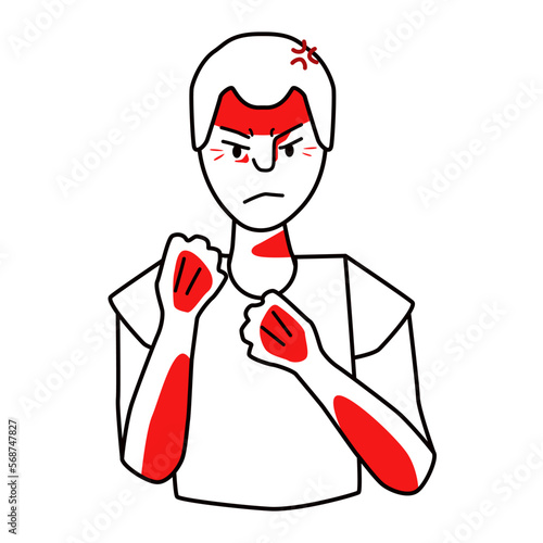 Angry young boy, furious emotion. Annoyed, fierce and savage teenager, negative evil mood male kid, threatened with fists. Line with red spots, half body drawing.