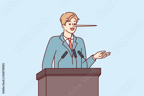Dishonest man politician with long nose stands behind podium during election campaign. Statesman in business attire makes false and populist statements to potential voters
