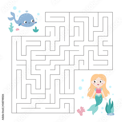 Maze game for children. Help the whale find right way to the mermaid. Fairy tale characters. Puzzle for children workbook. Printable labyrinth. Vector illustration.