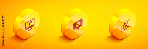 Set Isometric Photo retouching, Camera shutter and camera icon. Vector