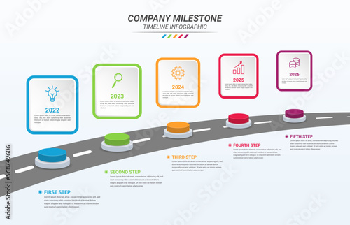 Curve Road Map Infographic Template and Business Icon with Five Steps. Company Milestone 3D Isometric Infographic 5 Step Points for Presentations, Finance Reports, Web Design, and Yearly Reports.
