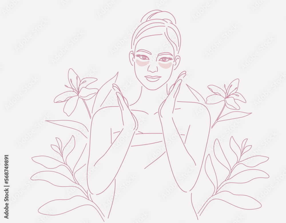 Beautiful young woman in towel doing skin care on neck area, with flowers and leaves plants background, Linear logo minimalist style,
organic cosmetic skin care banner. Vector design illustration. Beautiful young woman in towel doing skin care on neck area, with flowers and leaves plants background, Linear logo minimalist style,
organic cosmetic skin care banner. Vector design illustration.
