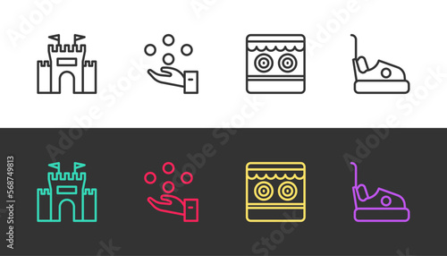 Set line Castle, Juggling ball, Shooting gallery and Bumper car on black and white. Vector