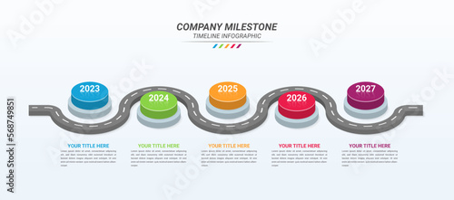 Curve Road Map Infographic Template and Business Icon with Five Steps. Company Milestone 3D Isometric Infographic 5 Step Points for Presentations, Finance Reports, Web Design, and Yearly Reports.