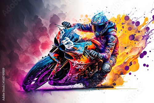 Tela A moto rider riding a powerful motorbike incolorful flames with dark background