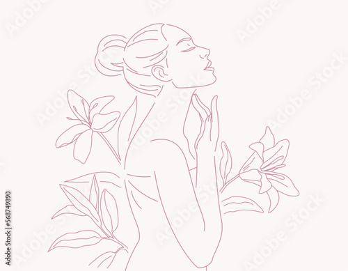 Beautiful young woman in towel doing skin care on her face, with flowers and leaves plants background, Linear logo minimalist style, 
organic cosmetic skin care banner. Vector design illustration.