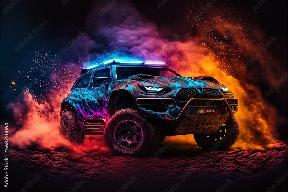 A Paris Dakar car burning on fire of different colors with dark background, Generative ai.	