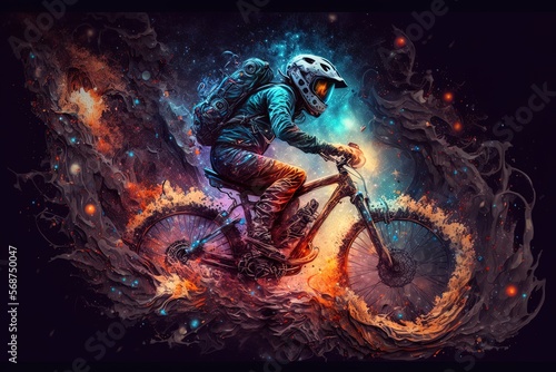 A cyclist riding an MTB burning on fire of different colors with dark background, Generative ai.	