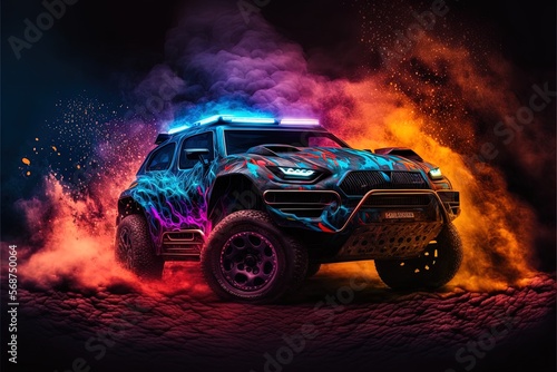 A Paris Dakar car burning on fire of different colors with dark background, Generative ai. 