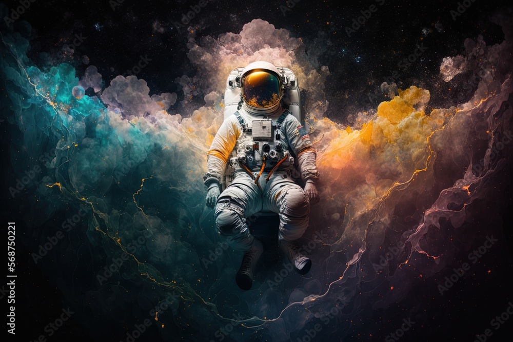 Fototapeta premium An astronaut burning on fire of different colors with dark background, Generative ai. 