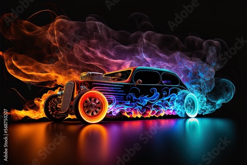 A hot rod burning on fire of different colors with dark background, Generative ai.	