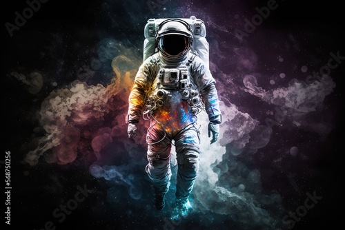 An astronaut burning on fire of different colors with dark background, Generative ai.  © David
