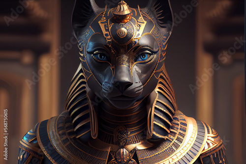 illustration of Sekhmet Egyptian goddess look strong with animal head . AI photo