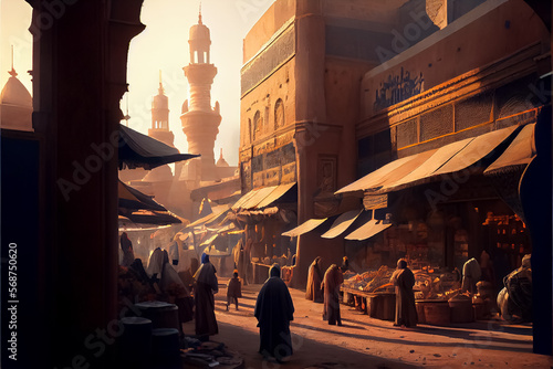 illustration of old arabian city with bazar and sunset light. AI
