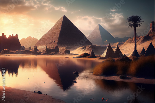 scenic illustration of the great pyramids and Nile river. AI