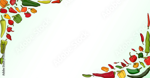 Horizontal banner with different types of peppers. Sweet peppers. Mild, medium hot, super hot Chili peppers. Vegetables. Cartoon style. Vector illustration isolated on white background. Template.