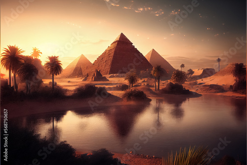 scenic illustration of the great pyramids and Nile river. AI