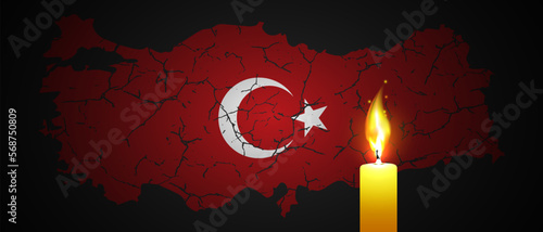 Vector sad Turkish poster. A map of Turkey in cracks after an earthquake and a mournful candle burning brightly. Scary night.