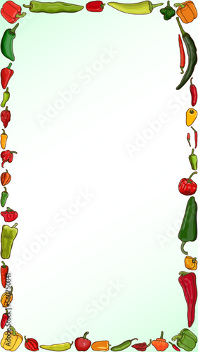 Vertical banner with different types of peppers. Sweet peppers. Mild, medium hot, super hot Chili peppers. Vegetables. Cartoon style. Vector illustration isolated on white background. Template.