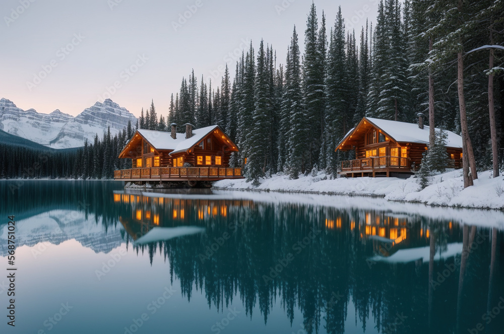 Fototapeta premium Cabin in the forest by the lake during winter, Generative AI