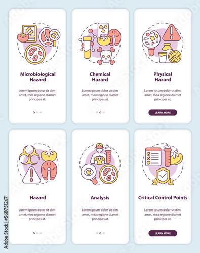Food safety hazards and HACCP onboarding mobile app screens set. Walkthrough 3 steps editable graphic instructions with linear concepts. UI, UX, GUI template. Myriad Pro-Bold, Regular fonts used