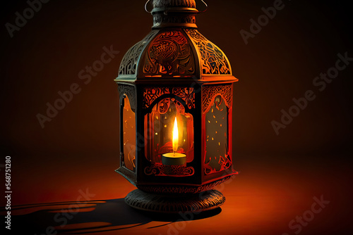 Arabic lantern with burning candle. Generative Ai