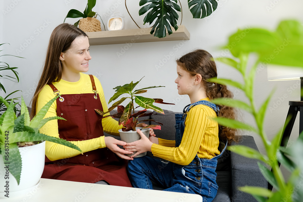 Obraz premium Gardening, housewife and housework chores concept. Smiling young mother and adorable little daughter kid holding indoor plants, takes care green leaf sitting on cozy couch in living room at home