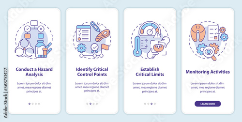 HACCP principles onboarding mobile app screen. Risks reducing walkthrough 4 steps editable graphic instructions with linear concepts. UI, UX, GUI template. Myriad Pro-Bold, Regular fonts used