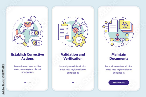 Principles of HACCP onboarding mobile app screen. Food control walkthrough 3 steps editable graphic instructions with linear concepts. UI, UX, GUI template. Myriad Pro-Bold, Regular fonts used