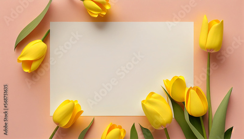 White paper and yellow tulips on a pink background
Ai generated #568751635