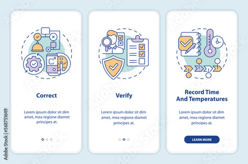 HACCP in work onboarding mobile app screen. Food control walkthrough 3 steps editable graphic instructions with linear concepts. UI, UX, GUI template. Myriad Pro-Bold, Regular fonts used