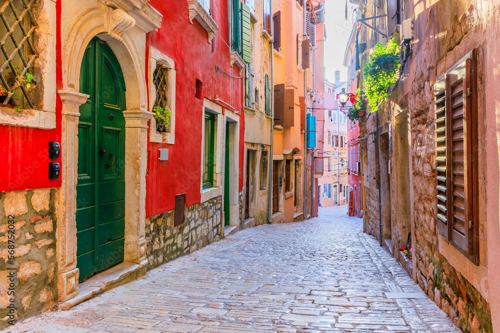 Rovinj, Croatia. Stone paved street inside the old town. Istria.