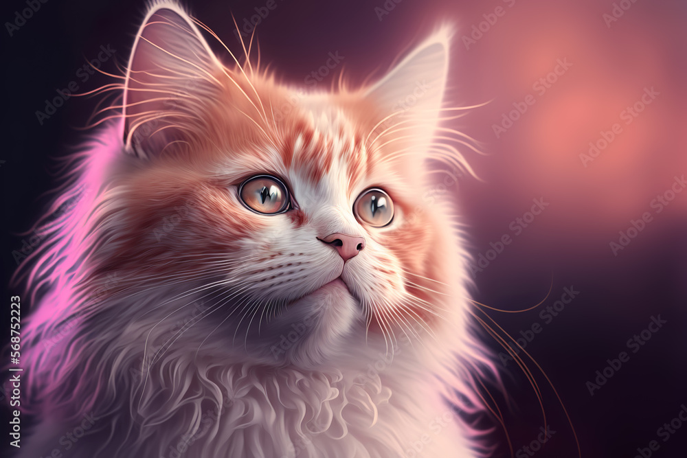 Beautiful fluffy ginger cat portrait on sunset light background. Generative AI illustration, copy space