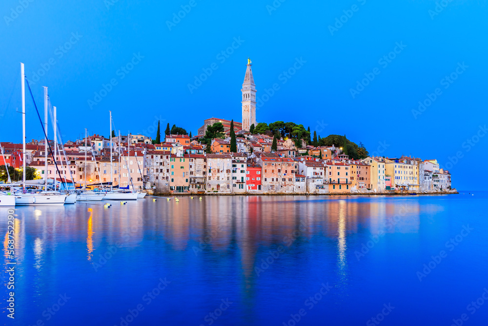 Rovinj, Croatia. Evening view of old town on the western coast of the Istrian peninsula.