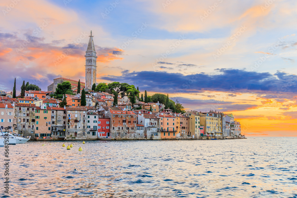 Rovinj, Croatia. Sunset view of old town on the western coast of the Istrian peninsula.