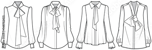 womens long sleeve bow blouse flat sketch vector illustration technical cad drawing template