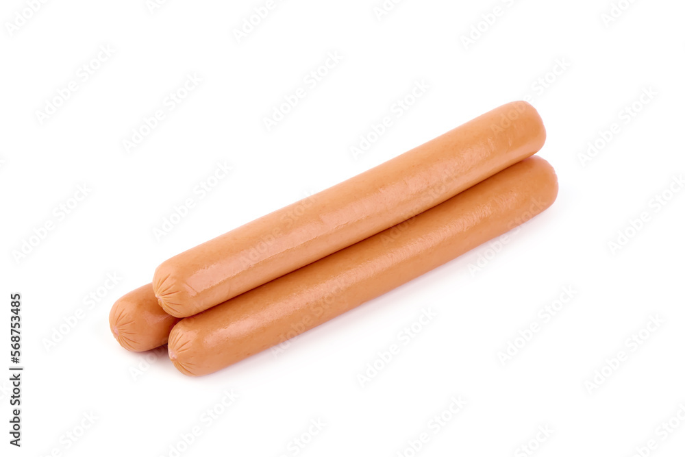 Boiled sausages with basil, isolated on white background. Boiled sausages with basil, isolated on white background.