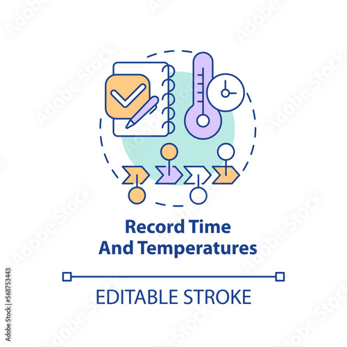 Record time and temperatures concept icon. Control system. HACCP on practice abstract idea thin line illustration. Isolated outline drawing. Editable stroke. Arial, Myriad Pro-Bold fonts used