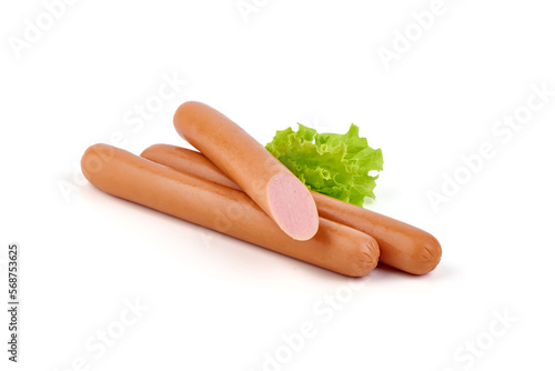 Boiled sausages with basil, isolated on white background. photo