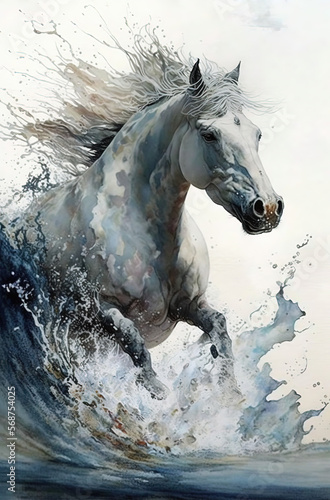  White horse  abstract watercolor. Generative AI.