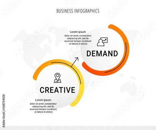 Vector business infographics template. Timeline with 2 circle, icon, arrow, steps, two number options. Can be used for workflow layout, diagram, chart, banner, web design. Modern illustration